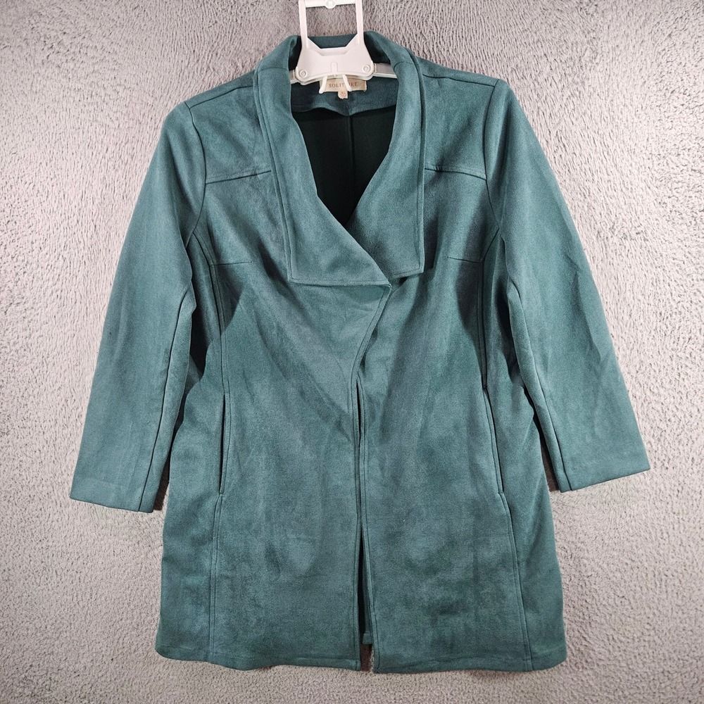 Solitaire Womens XL Teal Green Faux Suede Open Front Draped Shawl Collar Jacket